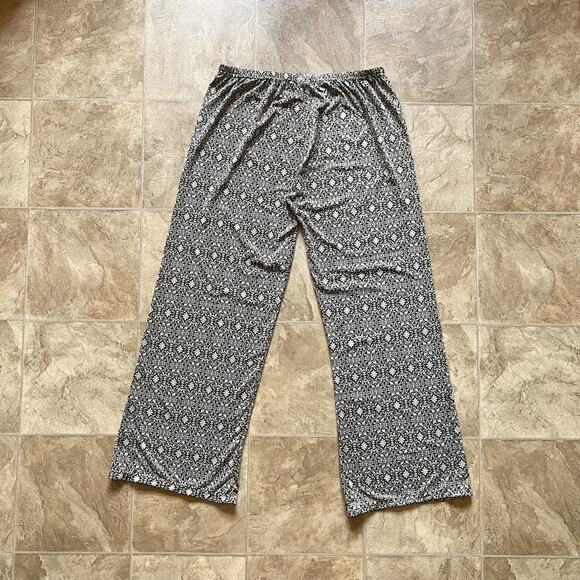 Womens Wide Leg Pants Green Damask Print Stretchy Boho Hippie Festival Beachy - Picture 3 of 8